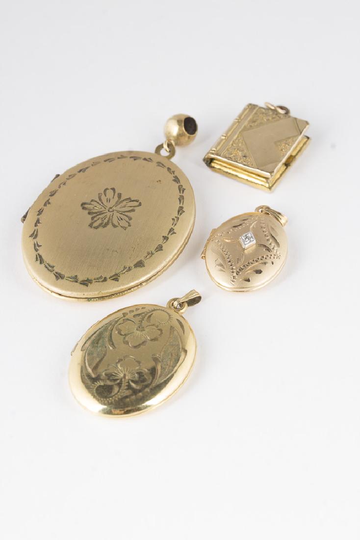 Collection of 4 Victorian Gold Filled Lockets: Four Victorian gold filled lockets, 3 of which are oval and the fourth is designed as a book. The 3 oval lockets are etched with floral designs. The book style locket is hinged with geometric and flor