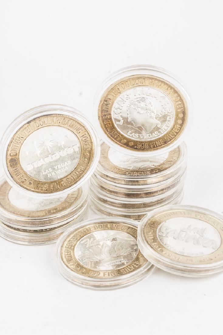 Lot of 10 Limited Edition 0.999 Silver Las Vegas Gaming: Lot of 10 limited edition cofamous llector's $10 gaming tokens featuring famous casinos of Las Vegas. Each token is 0.60 troy ounce of 0.999 pure fine silver. Casinos include the Flamingo, the Sahara,
