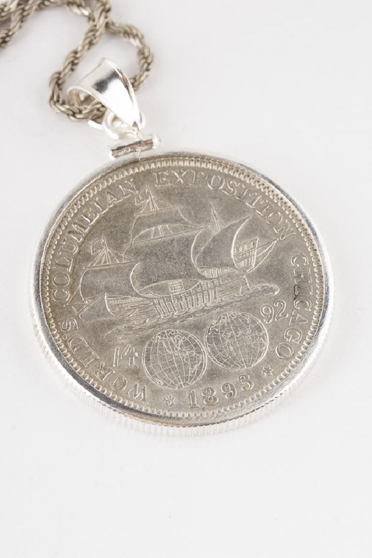 Columbian Expo Silver Half Dollar 1893 in Sterling: Columbian Expo Half Dollar 1893 in Sterling Silver Bezel w/ 18in Necklace .925., 19.8g total
