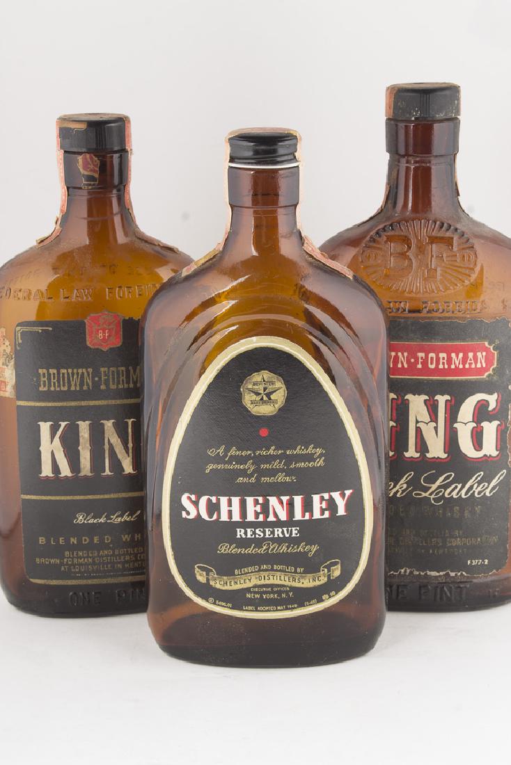 Lot of Three Vintage Whiskey Bottles: Lot of Three Vintage Whiskey Bottles Includes 2 B. F. King Black Label Bottles, and 1 Schenley Reserve Bottle. Largest Bottle 8.5in x 4in.