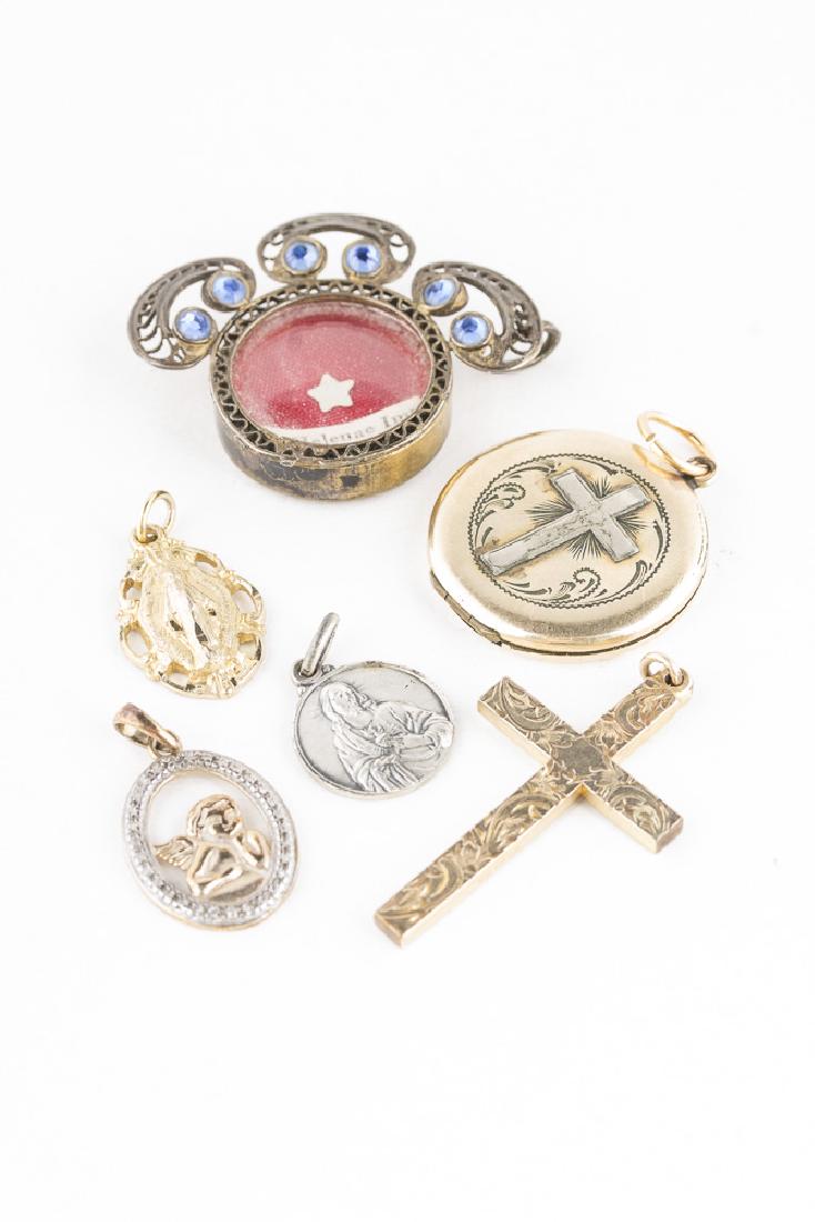 Lot of 6 Catholic Medals, Cross, Reliquary Silver,: Lot of 6, Catholic Medals, Cross, Locket and Reliquary. Silver 800, Sterling Silver, Gold Filled. Reliquary 800 Silver 1.5in x 1.25in., Cross Gold Filled 1.5in x 1in., Locket Gold Filled 1in diameter,