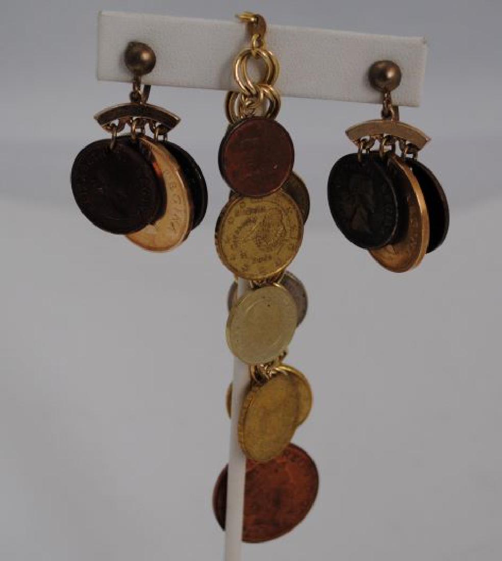 European Coin Bracelet Sterling Silver w/ Coin Earrings: European Coin Bracelet Sterling Silver. 8 UK and EU Coins. 38g. Earrings 6 UK Coins total. Screwback Earrings.