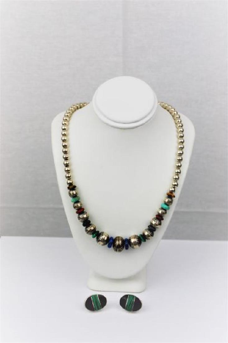 Sterling and Stone Southwest Bead Necklace, Earrings: Approx 20" necklace composed of sterling beads and natural stone spacers. 11 centerpiece sterling beads are decorated, with varying spacers made of tigers eye, turquoise, coral, lapis, and malachite.