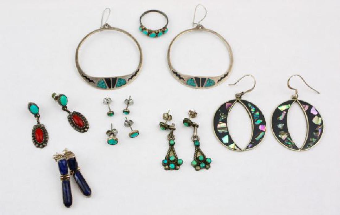 Southwest Sterling Silver Jewelry Lot 8pcs Turquoise,: Southwestern Sterling Silver Jewelry Lot 8 pcs. 7 pair of earrings Turquoise, Lapis, Coral, Abalone etc., Largest Diameter 1.75in. One Zuni Ring sz 5.75 Turquiose. 29.9g