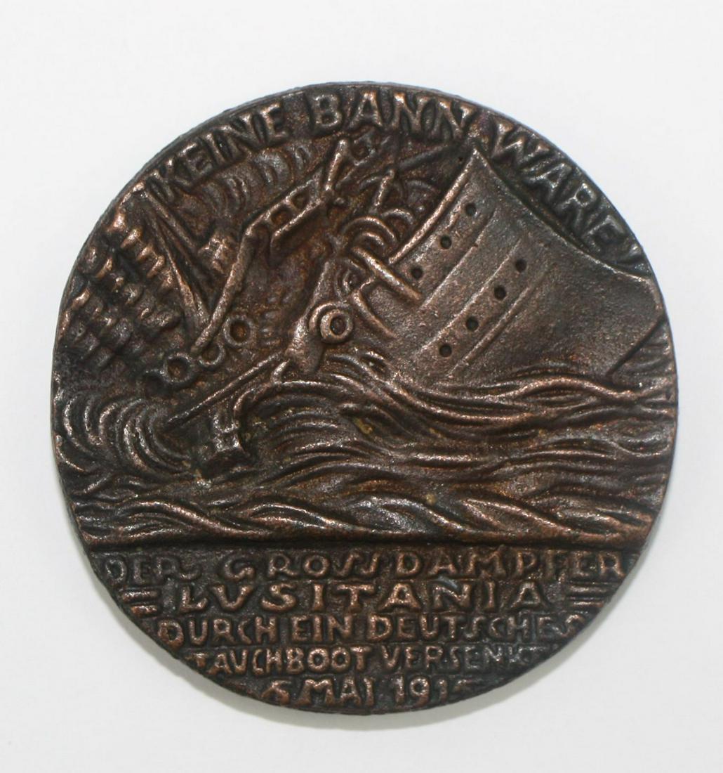 German Copper Medal: Sinking of the Luistania 1915: Presented is the German-minted copper medal recognising the World War I sinking of the passenger ship the Lusitania. Germany declared unrestricted submarine warfare on any vessel it believed to be car