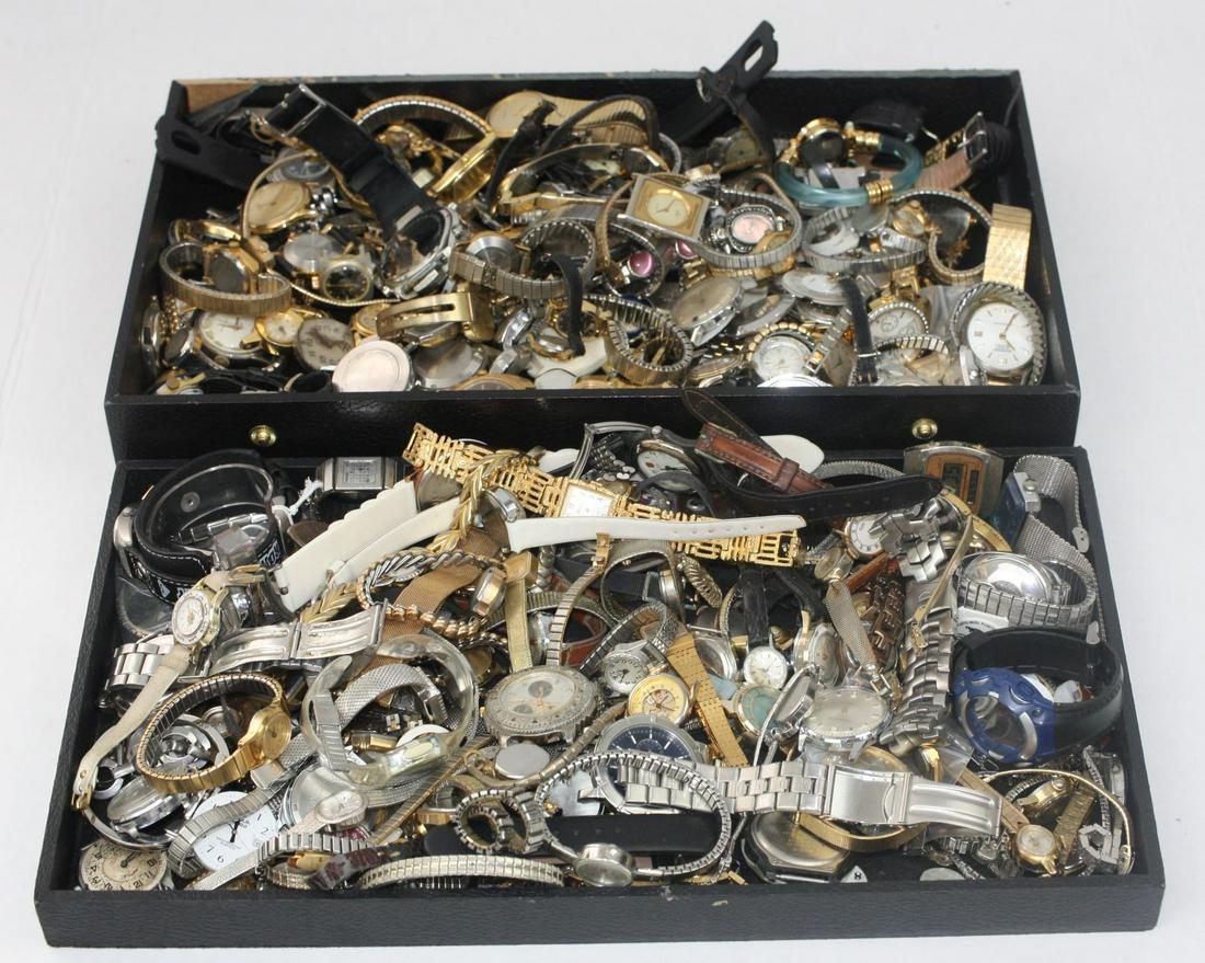 Approx 9lbs of Watches for Parts or Repair: Estate discovery of approximately 9 pounds of watches, watch parts, movements, faces, excetra for parts or repair. Timex, Elgin, Guess, Fossil, Vulcain, Kenneth Cole and others included. Many older Eu