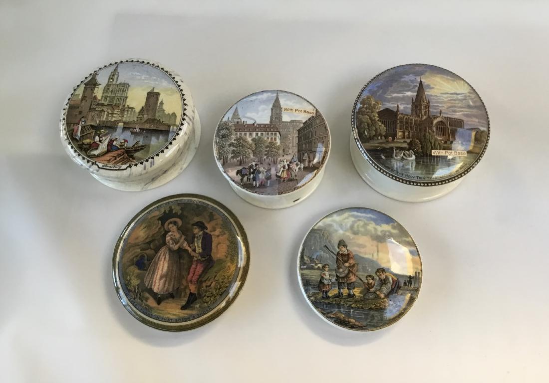 FIVE ENGLISH 'POT LIDS'; 3 WITH BASES, 2 WITHOUT (1 of 3)