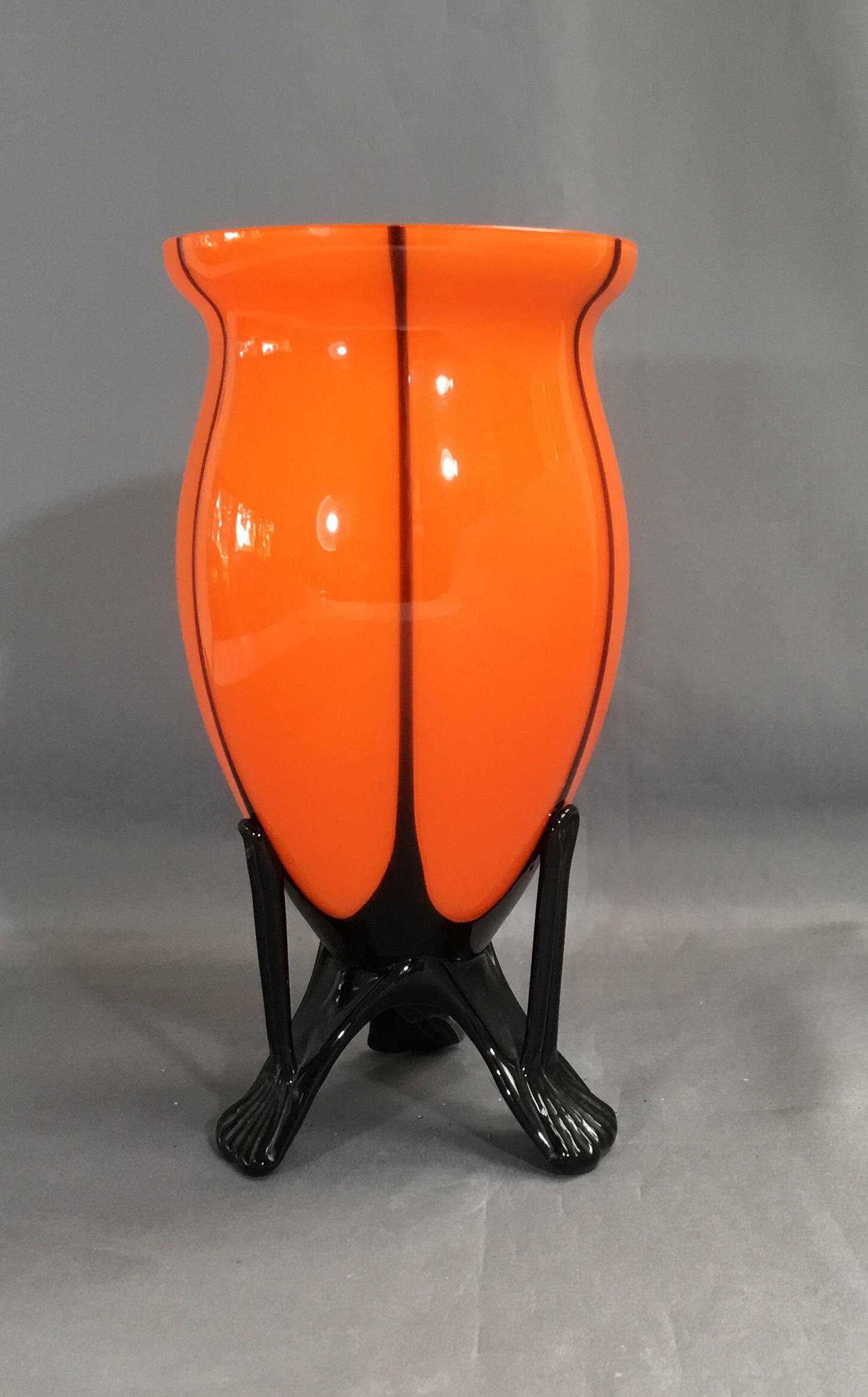 CZECH GLASS VASE BLACK FEET AND DECORATION: Czech Glass Vase Height: 7.75 In.