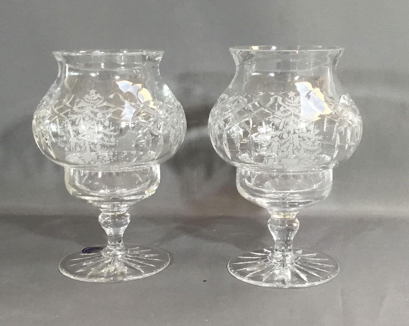 PAIR CRYSTAL FAIRY LIGHTS THOMAS WEBB BRITISH MADE: British made cut crystal Fairy Lamps with etching of Christmas Tree on each Height: 6.5 In.