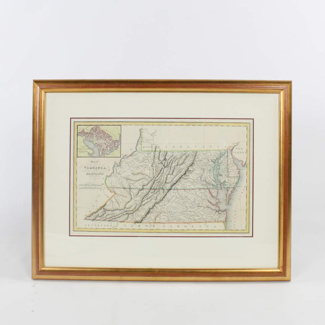 1831 Original Engraved Map of Virginia and MD: An original copper engraved hand-colored map of the states of Virginia and Maryland with a plan of Washington and Georgetown. This piece was published in London in 1831 by Isaac Taylor Hinton and Simp