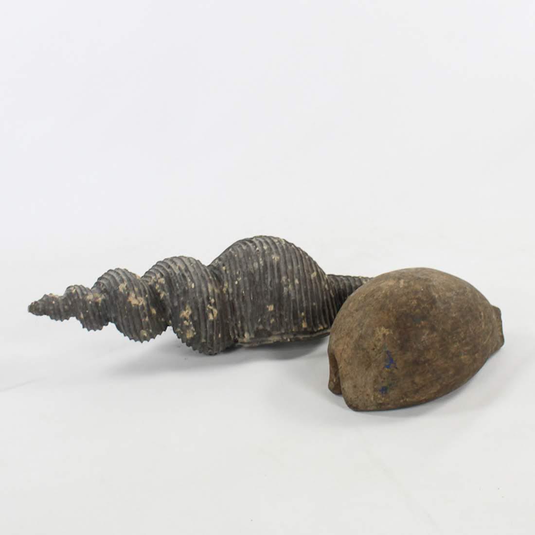 Philippines Carved Papier Mache Wooden Molds: A grouping of two vintage hand-carved wooden shells from the Philippines. One takes the form of a conch shell and the other takes the form of a cowrie shell. They are unmarked. Dimensions: 6.5 x 25 x 