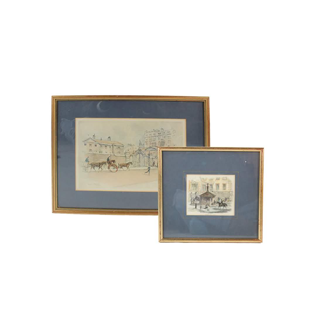 London Street Scene Prints: A grouping of two prints depicting London street scenes. This lot includes an etching of Notting-Hill Gate and an offset lithograph of Devonshire House, Piccadilly that is facsimile signed by Howard P