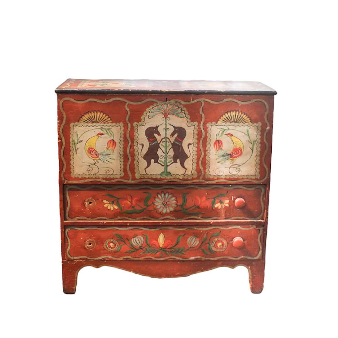 Antique Folk Art Dry Sink Cupboard: An antique folk art dry sink wooden wash stand cupboard. This piece features hand-painted flora and fauna design motif throughout over a red base. Dimensions: 39.5 x 40 x 19 Flat Rate Shipping (not ca