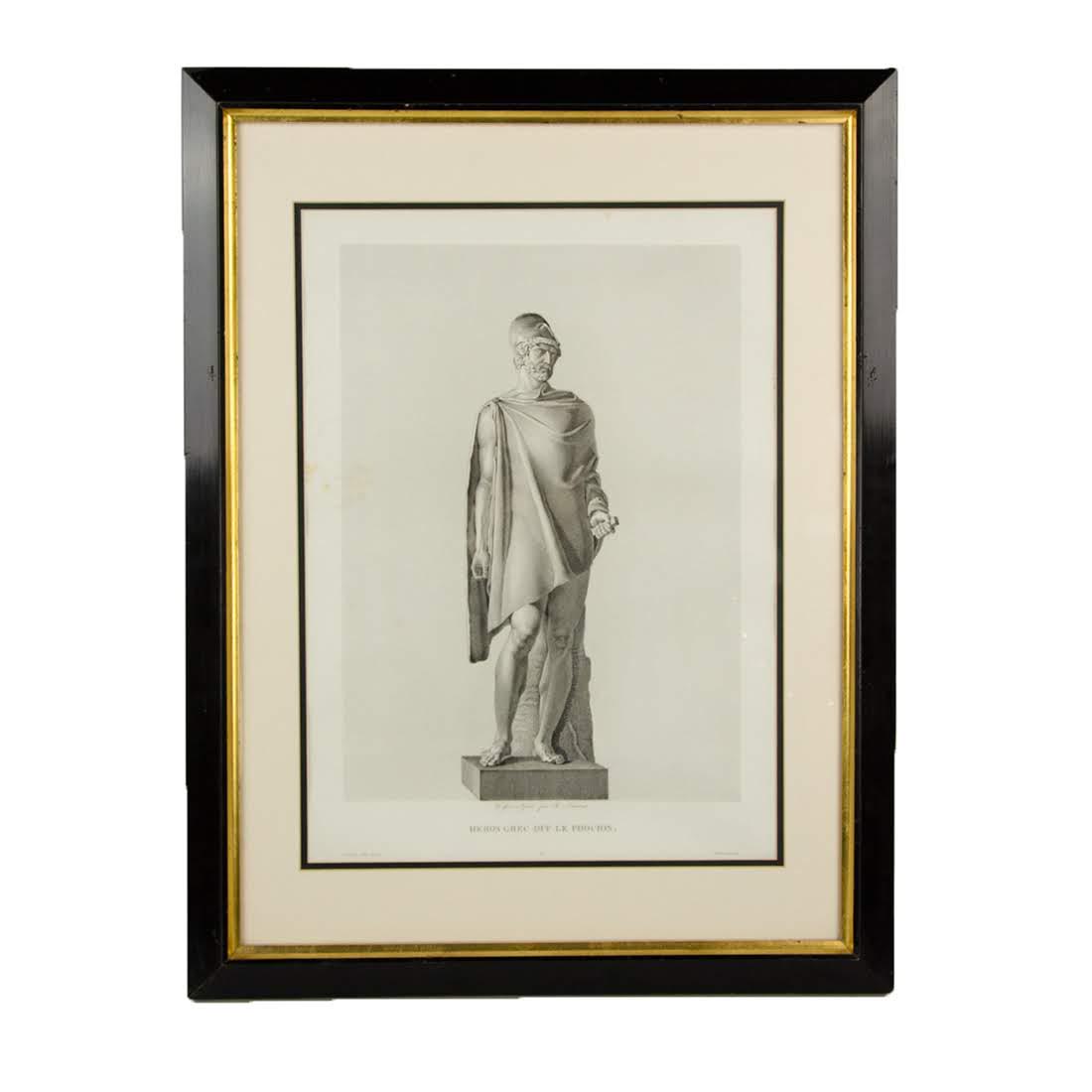 Antique French Engraved Rendition of Greek Statue: An antique French engraved rendition of a Greek statue. This piece depicts the Greek hero Phocion. The engraver is H. Laurent and the editor is Danlos Aine. This work is presented in a black and woode