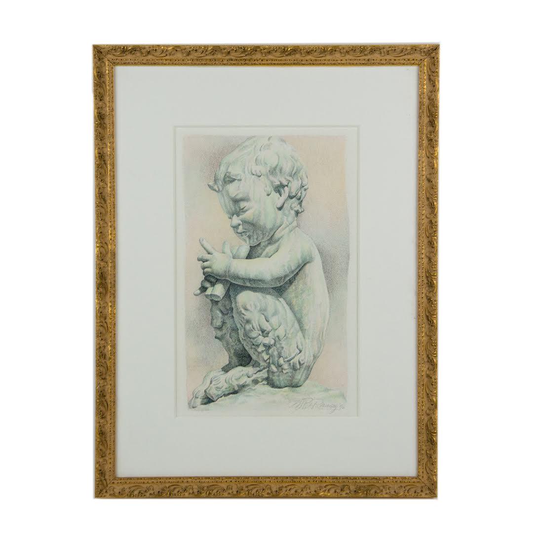 Mixed Media "Small Faun" by Mary Beth Ramsey: A mixed media on museum board by Mary Beth Ramsey titled "Small Faun" circa 1996. This work depicts a young seated faun holding a flute. It is signed and dated on the lower right, presented in a giltw