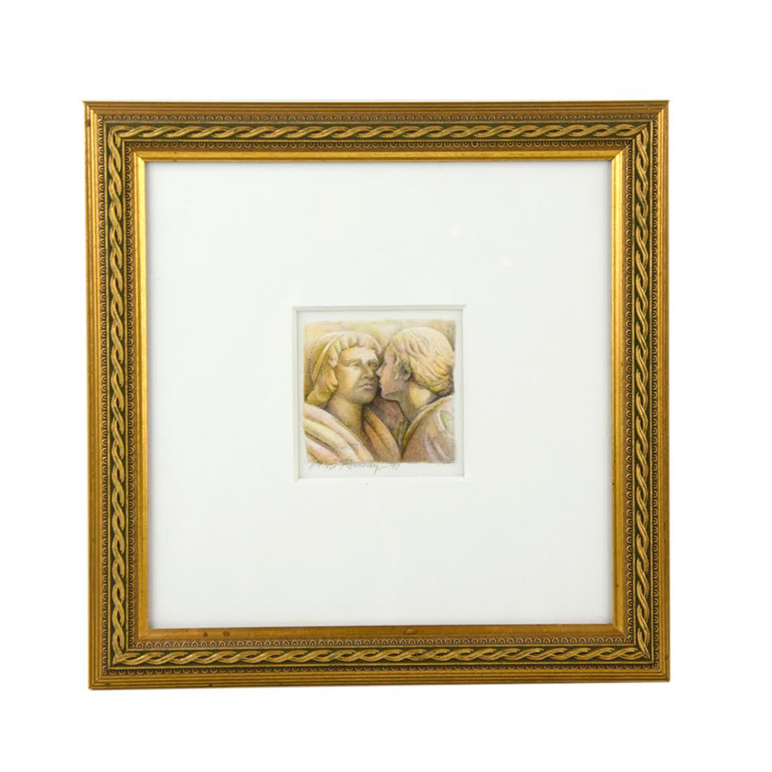 Mixed Media "Romeo and Juliet" by Mary Beth Ramsey: A mixed media on museum board by Mary Beth Ramsey titled "Romeo and Juliet" circa 1997. This work depicts a man and a woman about to kiss. It is signed and dated on the lower left, presented in a gilt