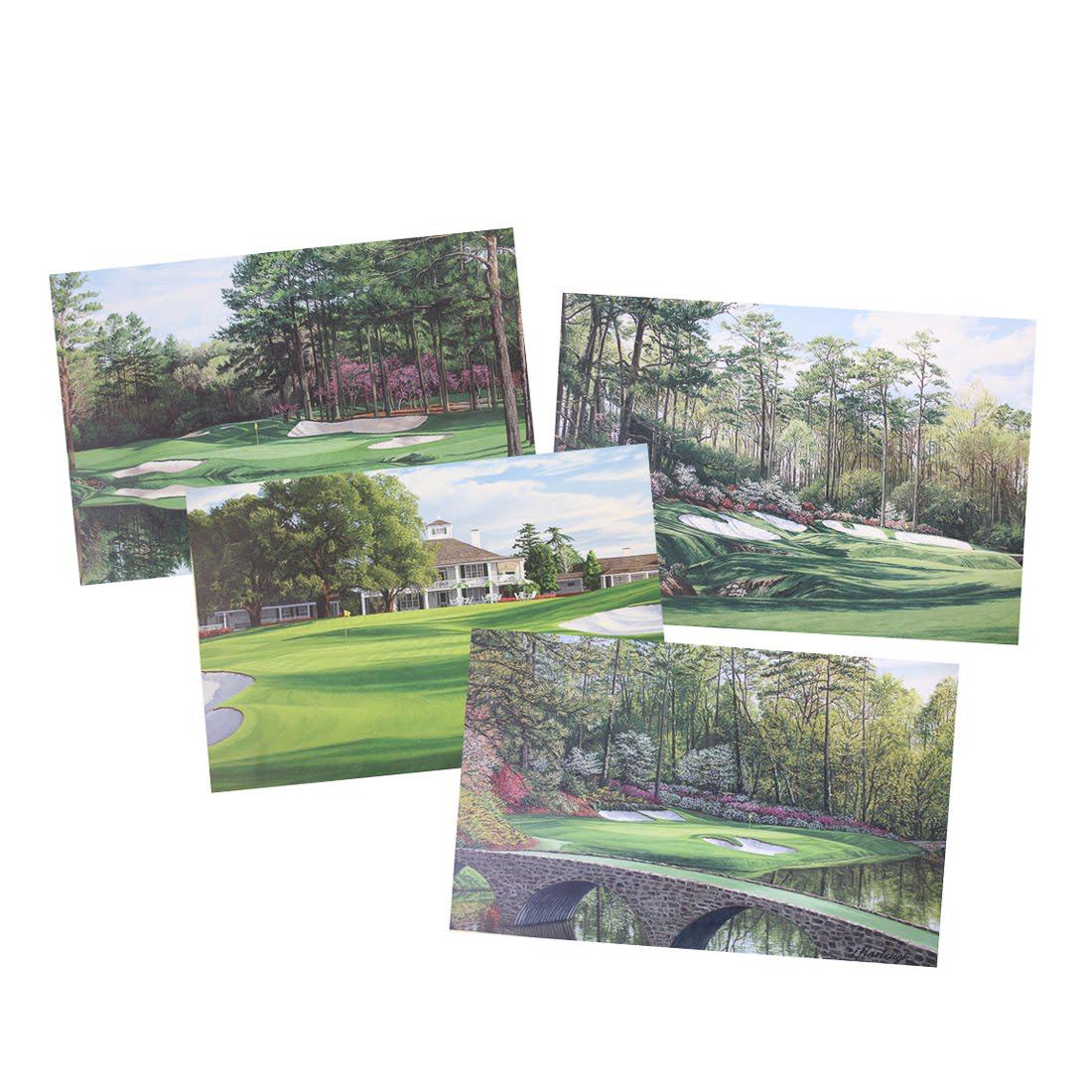 1999 Masters Tournament Prints Signed by Linda Hartough: A grouping of four 1999 Masters Tournament prints after original oil paintings by Linda Hartough. Each print depicts a golf course landscape and is signed by Hartough. A certificate of authenticity is
