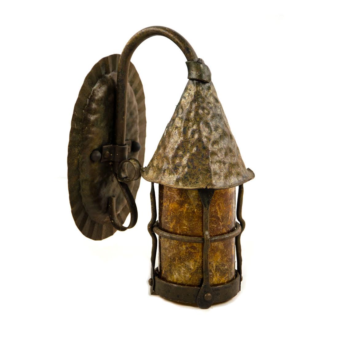 Mica Lamp Company Sconce Lantern: A vintage Mica Lamp Company sconce lantern. This piece features an iron construction and mica shade. The model number is 130-140. Dimensions: 11.5 x 5.5 x 8 Flat Rate Shipping (not calculated):