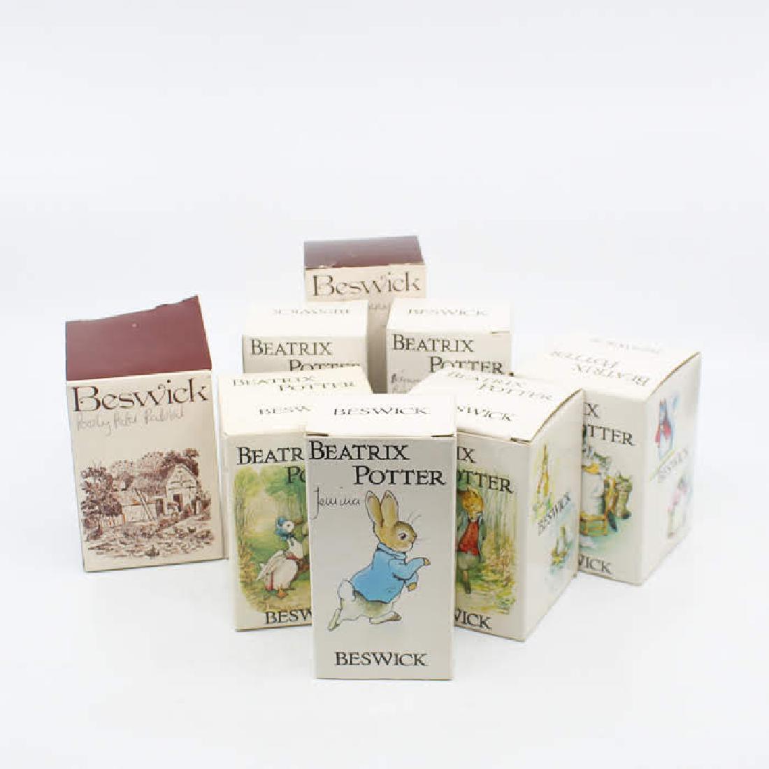 Beswick Beatrix Potter Figurines c. 1948 - 1977: A grouping of vintage Beswick Beatrix Potter figurines. This lot includes eight figurines, including 1948 "Mrs. Tiggy Winkle", 1977 "Hunca Munca Sweeping", 1954 "Flopsy Mopsy and Cottontail", 1948 "Je