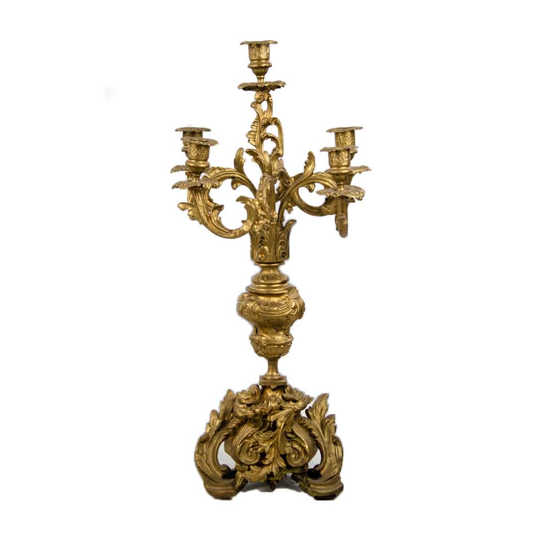 Antique French Bronze Ormolu 5-Light Candelabra: An antique French bronze ormolu 5-light candelabra. This piece features scrolling acanthus leaf decorations throughout. It is unmarked. Dimensions: 21.5 x 11 x 7 Flat Rate Shipping (not calculated):