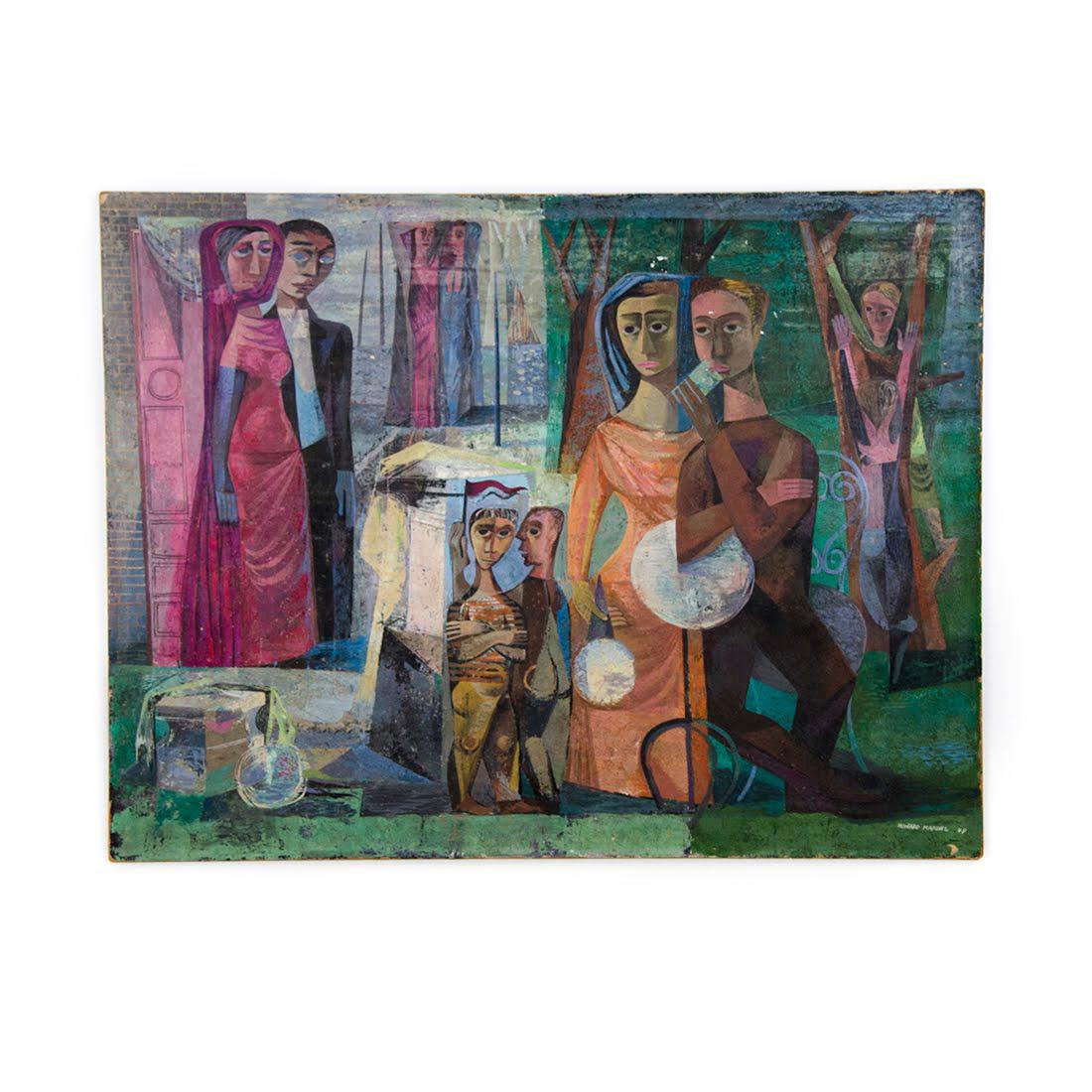 1949 Casein on Board Painting "Promenade" by Mandel (1 of 14)