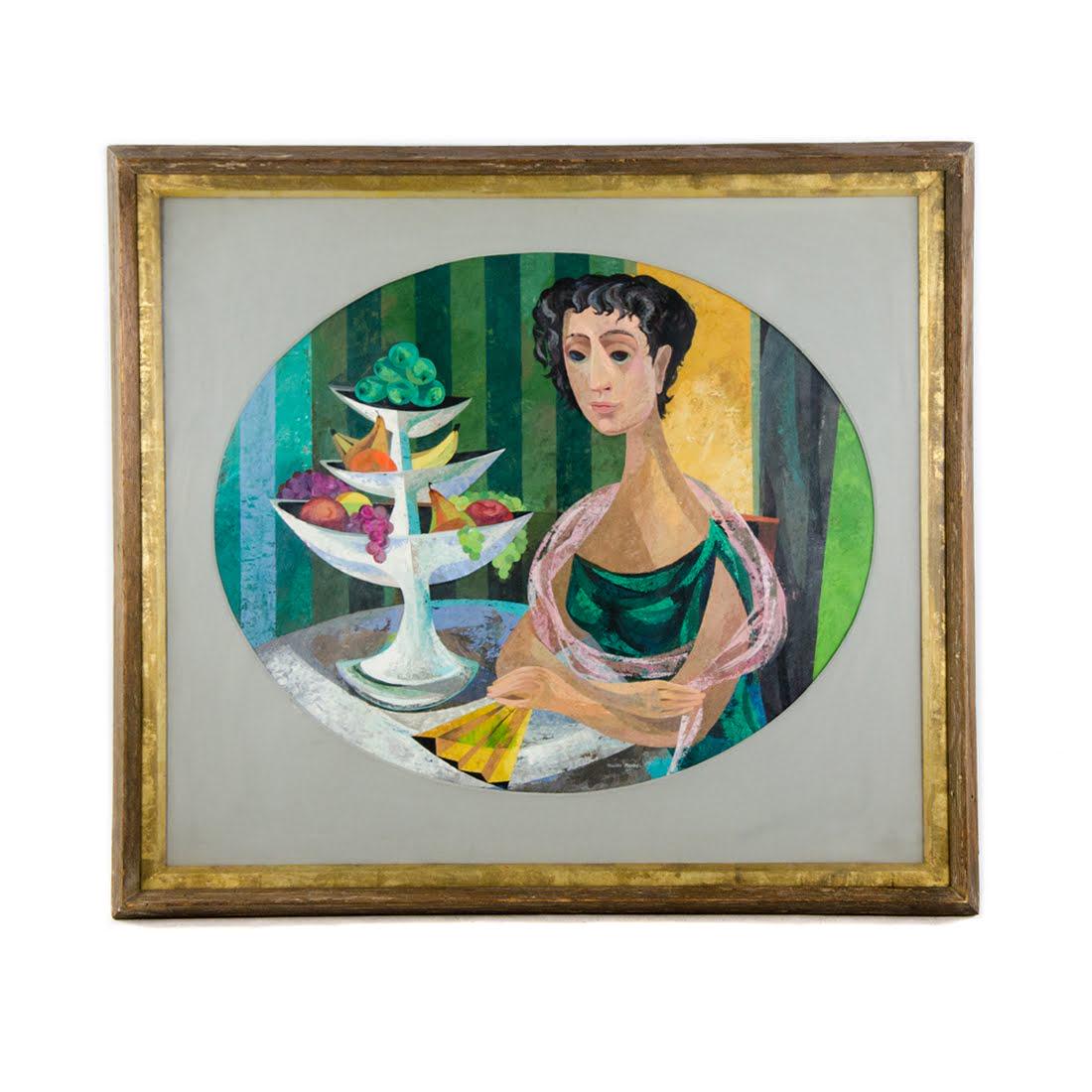 1954 Casein on Board Painting "Girl w/ Fruit" by Mandel (1 of 15)