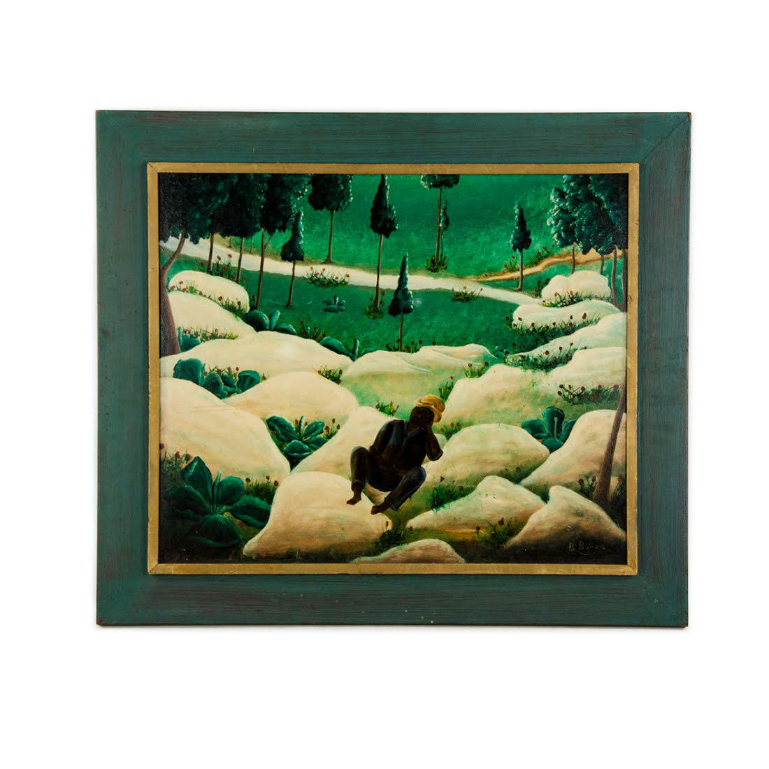 1982 Oil on Board Painting by B. Byron: A 1982 oil on board painting by Haitian artist B. Byron. This work depicts a man resting on boulders in the foreground with scattered greenery and trees throughout, as well as a sandy trail in the bac