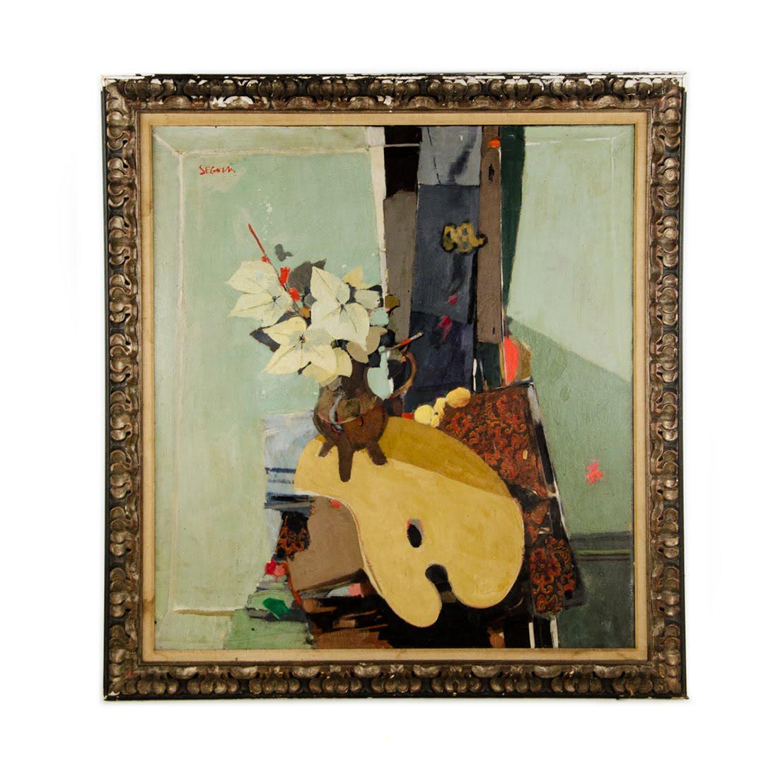 Antique Oil on Board Still Life Painting by Segoth: An antique cubist oil on board still life painting by Segoth. This work depicts a leaf arrangement in a four footed brown pitcher atop an artist's easel and pile of books. This work is signed on the u