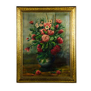 1948 Oil on Canvas Still Life Painting by Gudzowaty: A 1948 oil on canvas still life painting by Gudzowaty. This work depicts a bouquet of pink and red flowers in a blue double-handled urn vase atop a wooden table. It is signed and dated on the lower