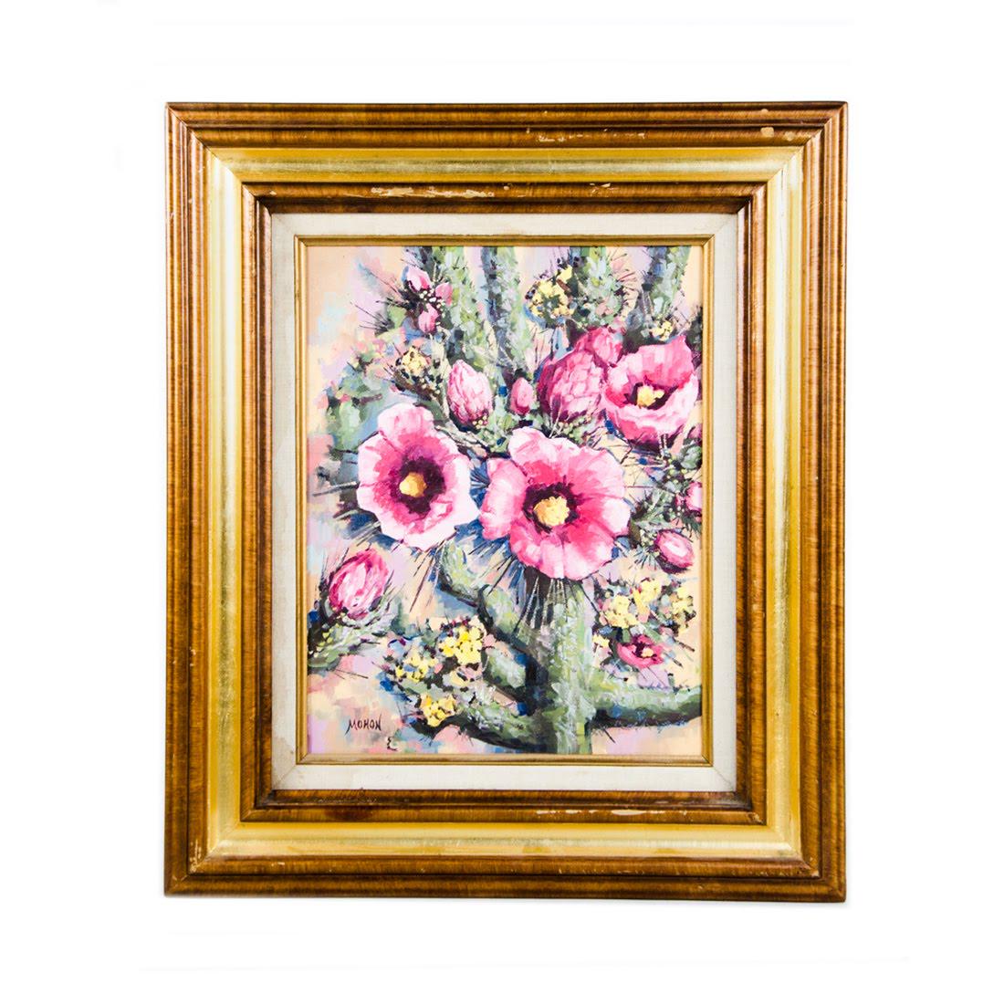 Oil on Canvas Painting by Jane Mohon: A vintage oil on canvas painting by Jane Mohon. This work depicts a multi-branch cactus covered in pink and yellow flowers. It is signed on the lower left and presented in an ornate partial giltwood f