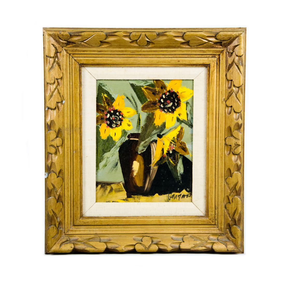 Oil on Board Painting by Gritan: A vintage oil on board painting by Gritan. This work depicts a vase of yellow flowers atop a table in an abstract-expressionist style. It is signed on the lower right and presented in a carved wooden 