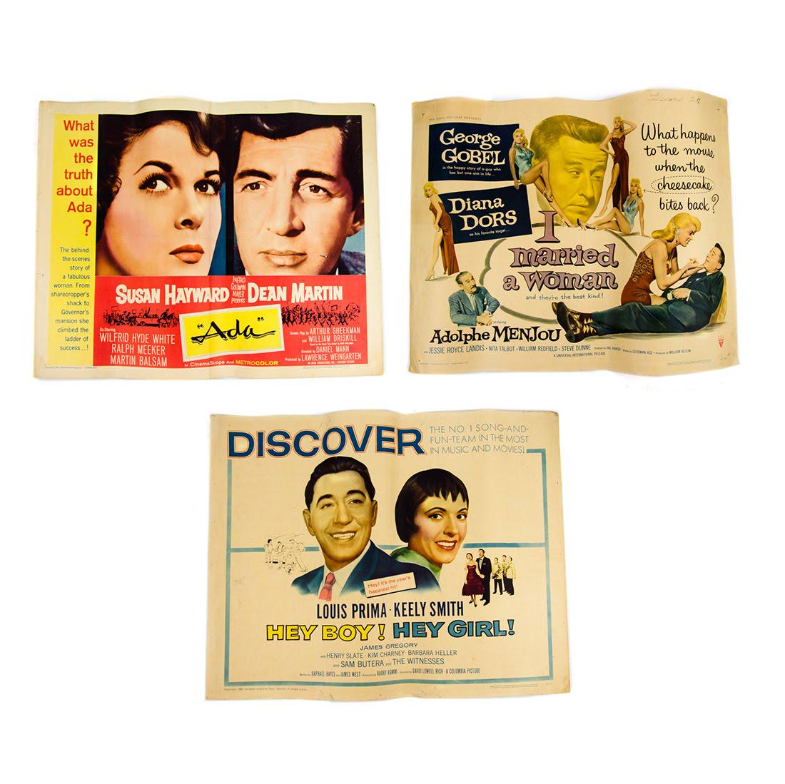 1950s - 1960s Original Film Movie Posters: A grouping of three 1950s - 1960s original film movie posters. This lot includes a poster for 1961 political drama "Ada" directed by Daniel Mann starring Susan Hayward and Dean Martin, 1959 musical "H