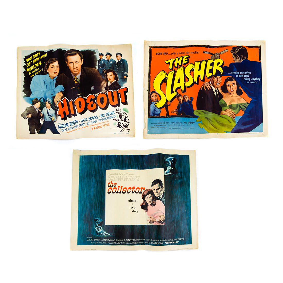 1940s - 1960s Original Thriller Film Movie Posters: A grouping of three 1940s - 1960s original film movie posters. This lot includes a poster for 1949 thriller "Hideout" directed by Philip Ford starring Adrian Booth, Lloyd Bridges, Ray Collins, Sheila 