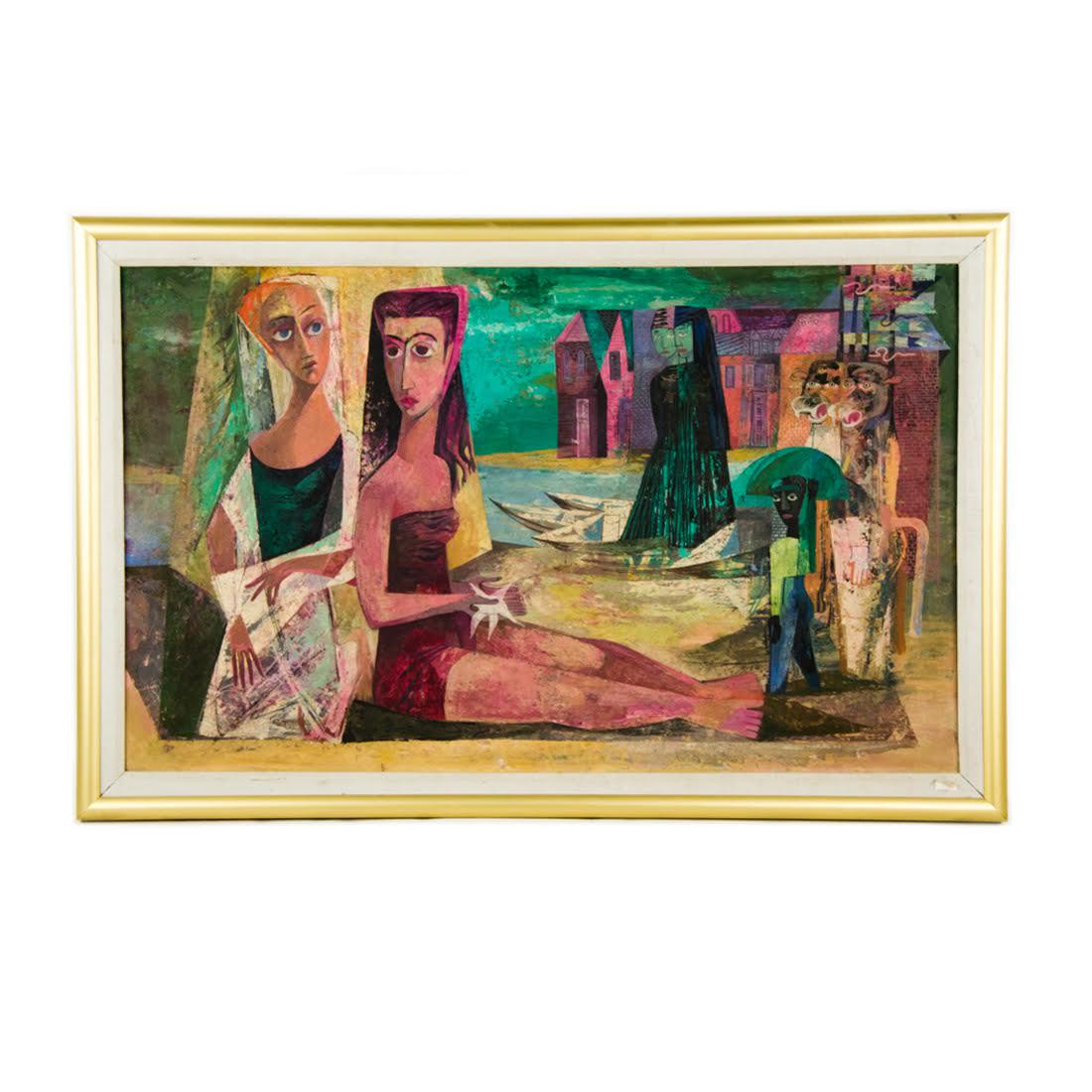 1949 Cubist Casein on Board "Masque Au Plage" by Mandel (1 of 17)