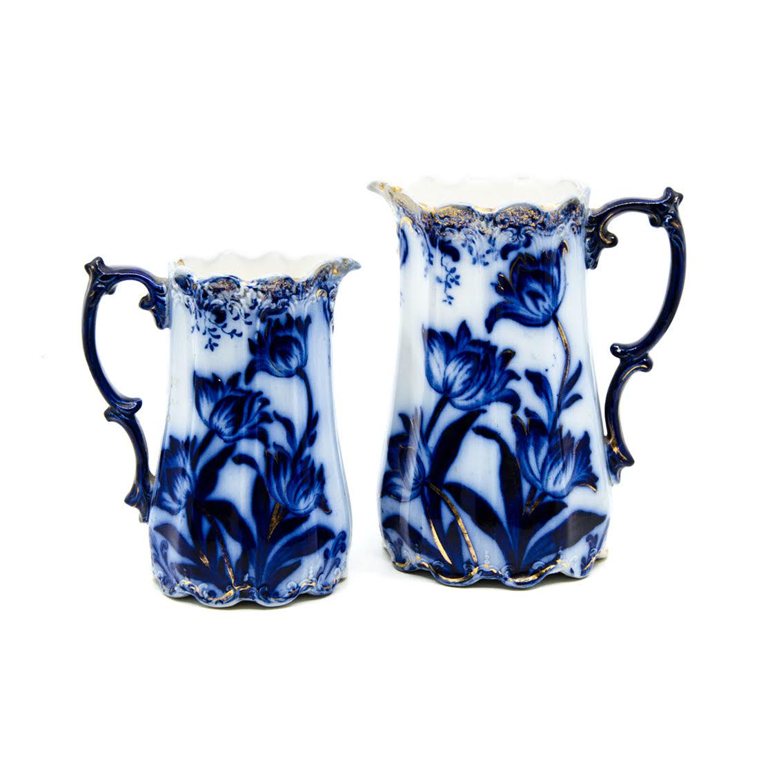 Pair of Antique Flow Blue Ceramic Pitchers (1 of 10)