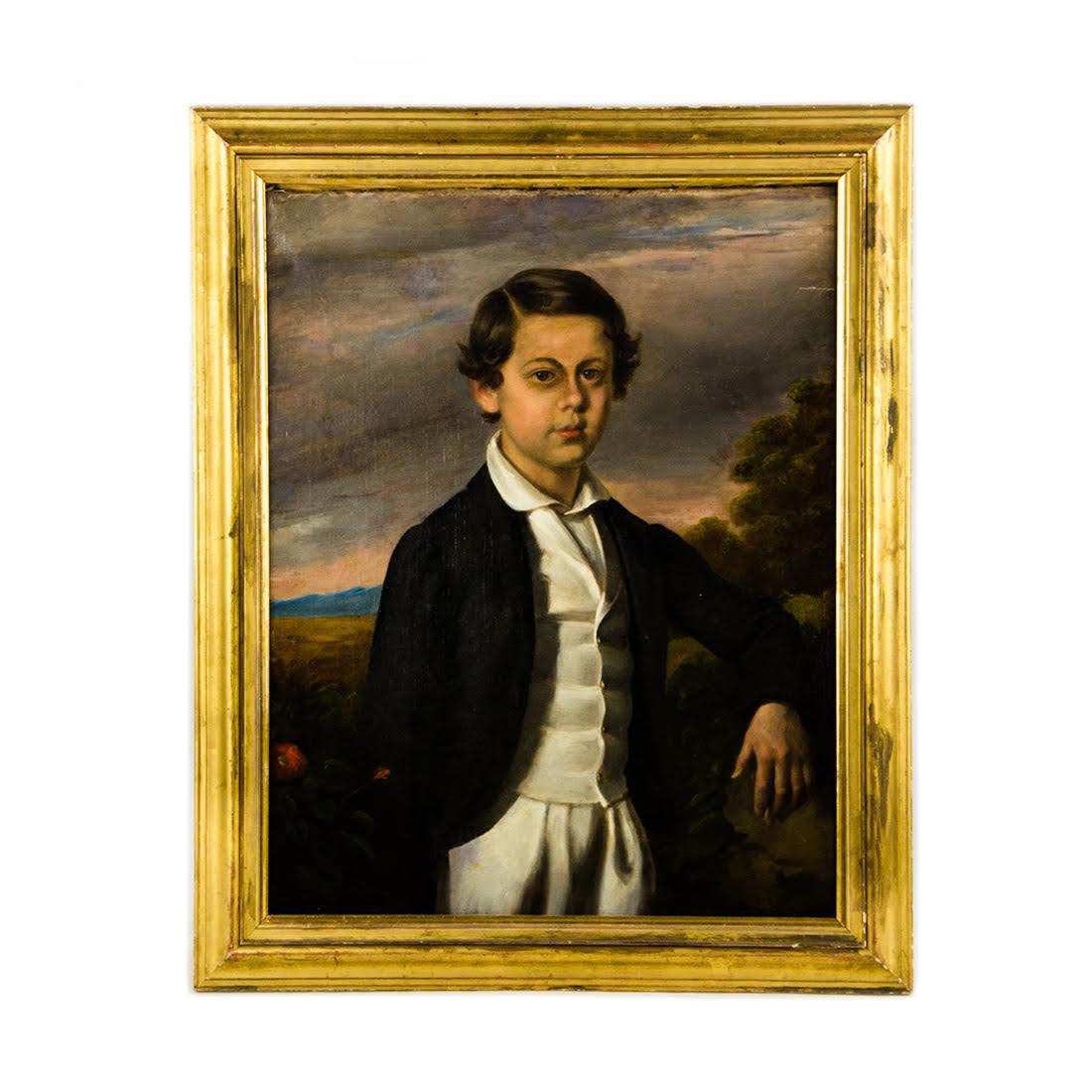 Antique Oil on Canvas Portrait of Young Boy: An antique oil on canvas portrait. This work depicts a young boy with brown hair. He is dressed in a formal white top, white slacks, and black blazer. His left arm is casually resting on a large rock 