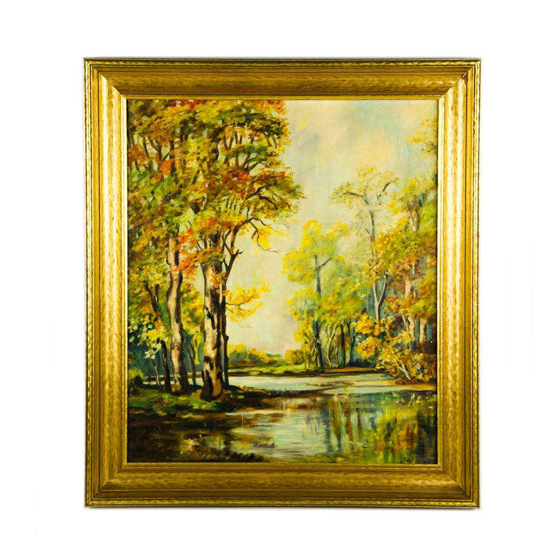 1948 Oil on Canvas Landscape by Sue E. Larnes: A 1948 oil on canvas painting by Sue E. Larnes. This work depicts a river landscape. There are several trees, which line the bank. They are covered in yellow to orange leaves, indicating the change of