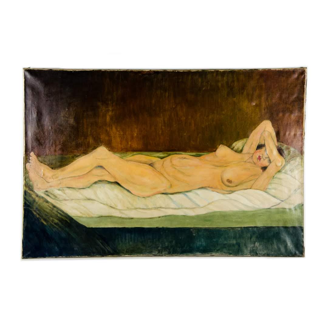 Antique Oil on Canvas of Reclined Nude: An antique oil on canvas painting. This work depicts a nude woman laying in bed. Her legs are crossed and her arms are over her head, partially covering her eyes. It is unsigned and unframed. Dimensio