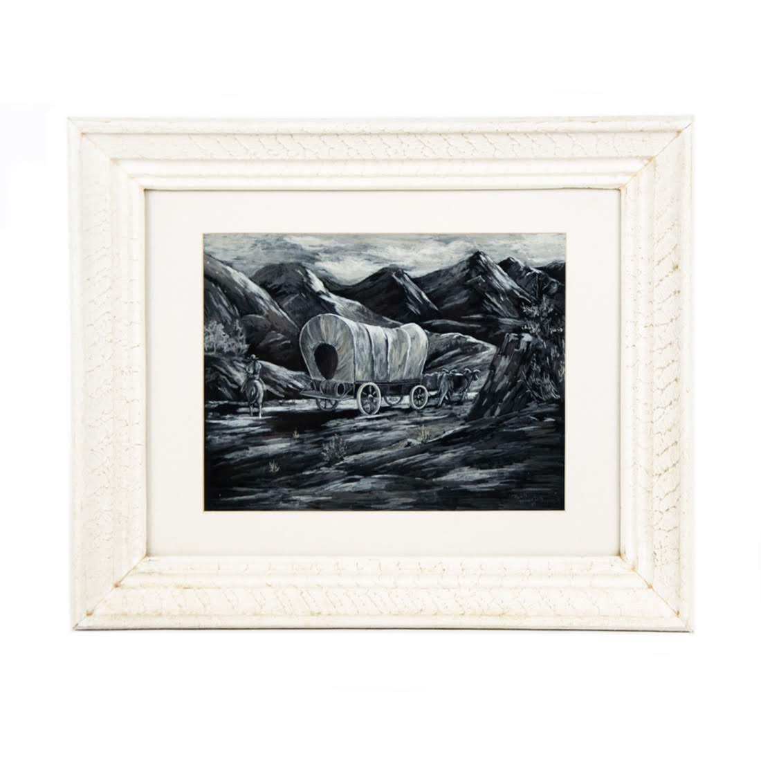 1939 Oil on Board Painting by Paul Atherton: A 1939 oil on board painting by Paul Atherton This work depicts a cattle-drawn covered wagon making its way through a mountainous terrain with a man on horseback taking up the rear. It is depicted in