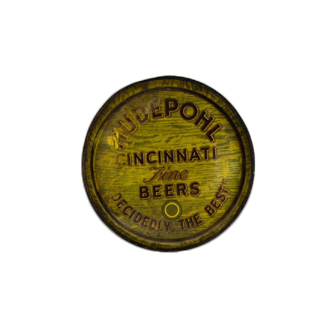 1930s Hudepohl Metal Beer Tray: A 1930s Hudepohl "Decidedly the Best" metal beer tray by The Hudepohl Brewing Co. of Cincinnati, Ohio. This piece features a woodgrain pattern throughout and reads "Hudepohl Cincinnati Fine Beers 'Dec