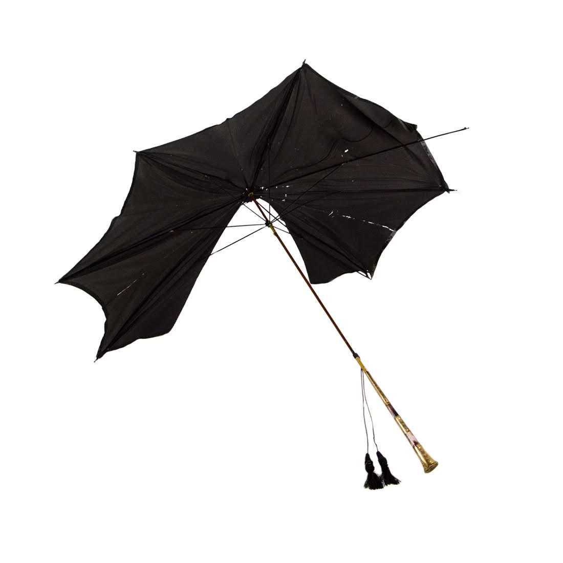 Antique Victorian Parasol with Inlaid Gold-Filled: An antique Victorian parasol. This piece features an embossed gold-filled handle with abalone and bone inlay, as well as a black canopy. It is unmarked. Dimensions: 40"H x 48"W x 48"D (while expanded)