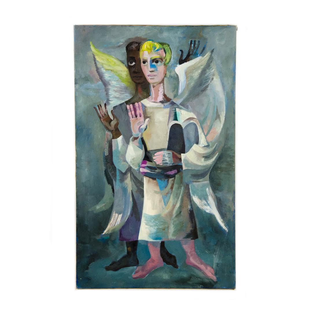 Cubist Oil on Canvas by Howard Mandel: A vintage cubist oil on canvas painting by Howard Mandel. This work depicts a pair of angels with their right hand's raised as a sign of peaceful intent. It is unsigned and unframed. Dimensions: 36"H 