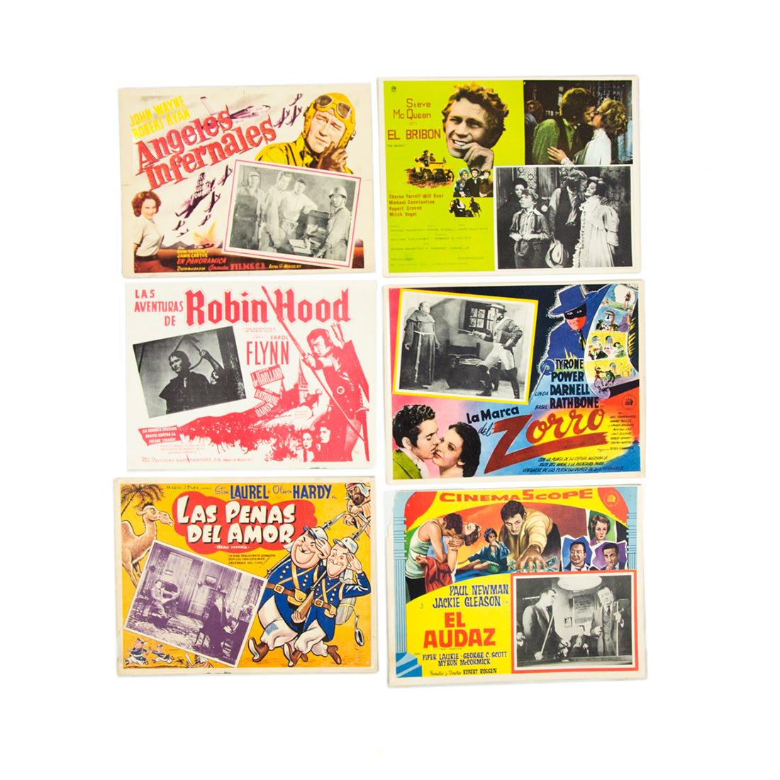 1930s - 1960s Mexican Lobby Cards: A grouping of six vintage Mexican lobby cards. This lot includes lobby cards for 1961 film "The Hustler" ("El Audaz"), 1940 film "The Mark of The Zorro" ("La Marca del Zorro"), 1969 film "The Reivers"