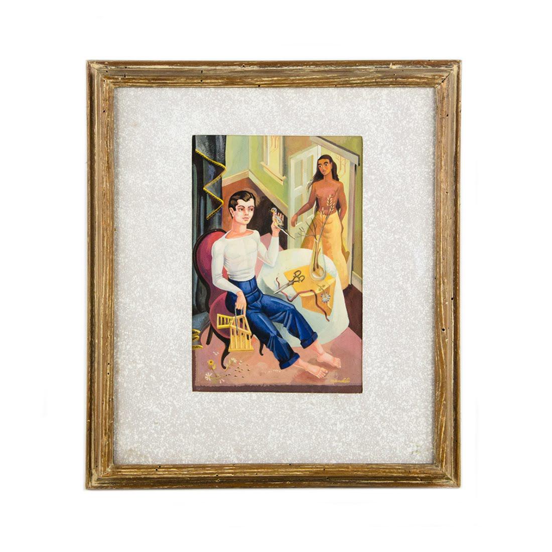 Cubist Casein on Board "Morning Dove" by Howard Mandel: A vintage cubist casein on board painting by Howard Mandel titled "Morning Dove". This work depicts a man seated at a small kitchen table while holding a dove. In the doorway is a partially nude woman