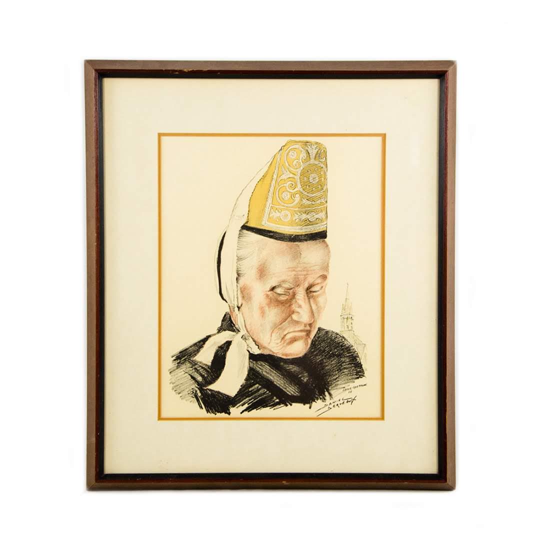 1958 Drawing "Basse-Bretagne" by Daniel Serveant: A 1958 drawing on paper by Daniel Serveant titled "Basse-Bretagne". This work depicts an older woman in a golden hat and black robe looking downward scornfully. In the background is a distant cathedra