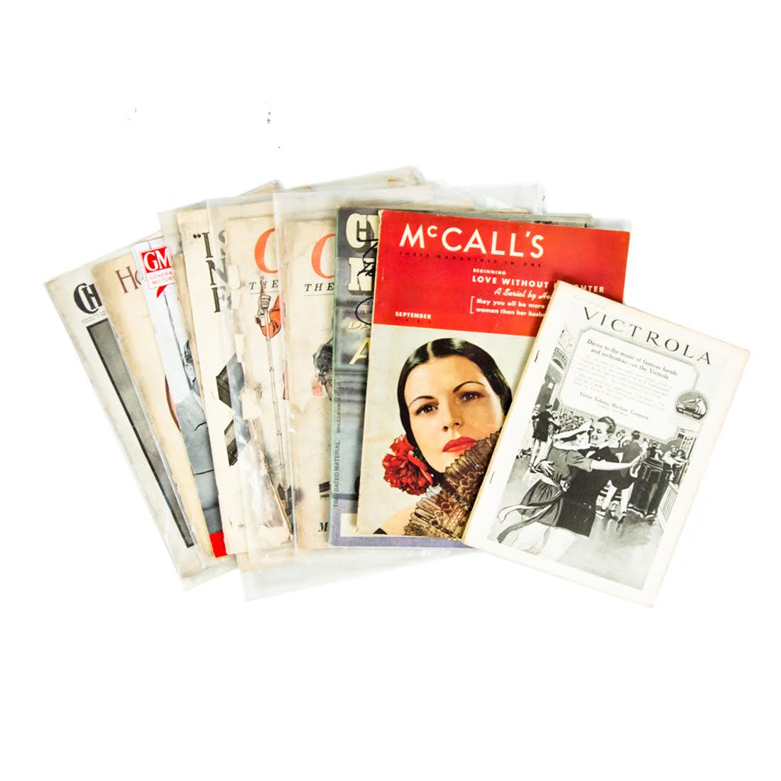 Grouping of Vintage Magazines: A grouping of vintage magazines. This lot includes McCalls, Victrola, Collier's, Christian Herald, Home Herald, as well as a a copy of Cycle News signed by All Russel. Dimensions: 14"H x 11"W (for lar