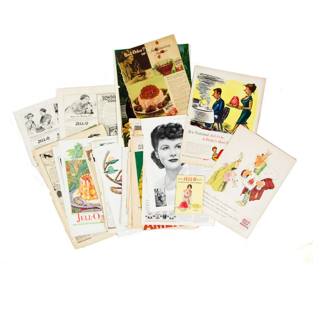 Grouping of Vintage Jello Advertisements: A grouping of Jello advertisements and recipes salvaged from vintage magazines. Dimensions: 16.5"H x 10.75"W (for folder) Shipping: $12