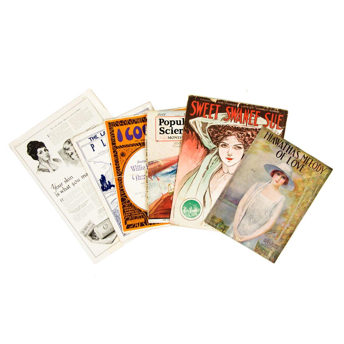 Grouping of Vintage Sheet Music and Magazines: A grouping of vintage sheet music and magazines. This lot includes sheet music for "Sweet Swanee Sue", "Hiawatha's Melody of Love", "The Latest Song Hit Please", and "I Love Me", as well as a copy of 