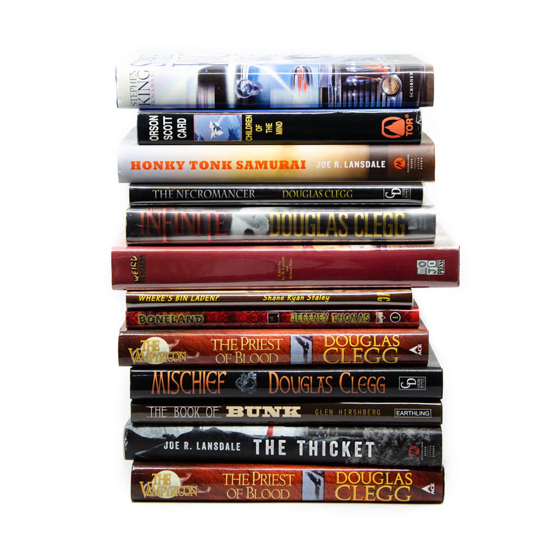 Grouping of 13 Hardcover Horror Novels Inc. King: A grouping of 13 hardcover horror novels. This lot includes "From A Buick 8" by Stephen King, "Honky Tonk Samurai" by Joe R. Lansdale, "The Infinite" by Douglas Clegg, "Weird Business" by Joe R. Lansd