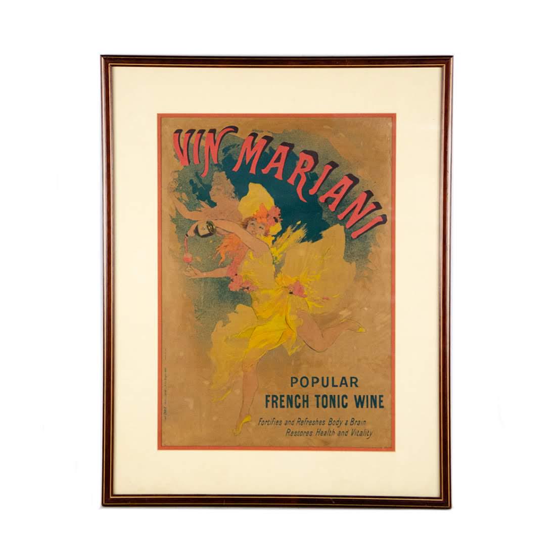Antique Vin Mariani Advertisement Poster: An antique Vin Mariani chromolithograph advertisement poster. This work depicts a woman dancing while pouring a glass of wine. It reads "Vin Mariani" across the top and "Popular French Tonic Wine Fort